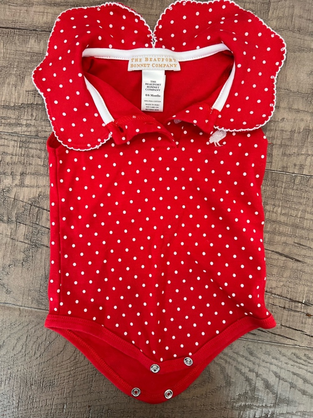 The Beaufort Bonnet Company Red Polka Dot Baby Onesie with Scalloped Collar